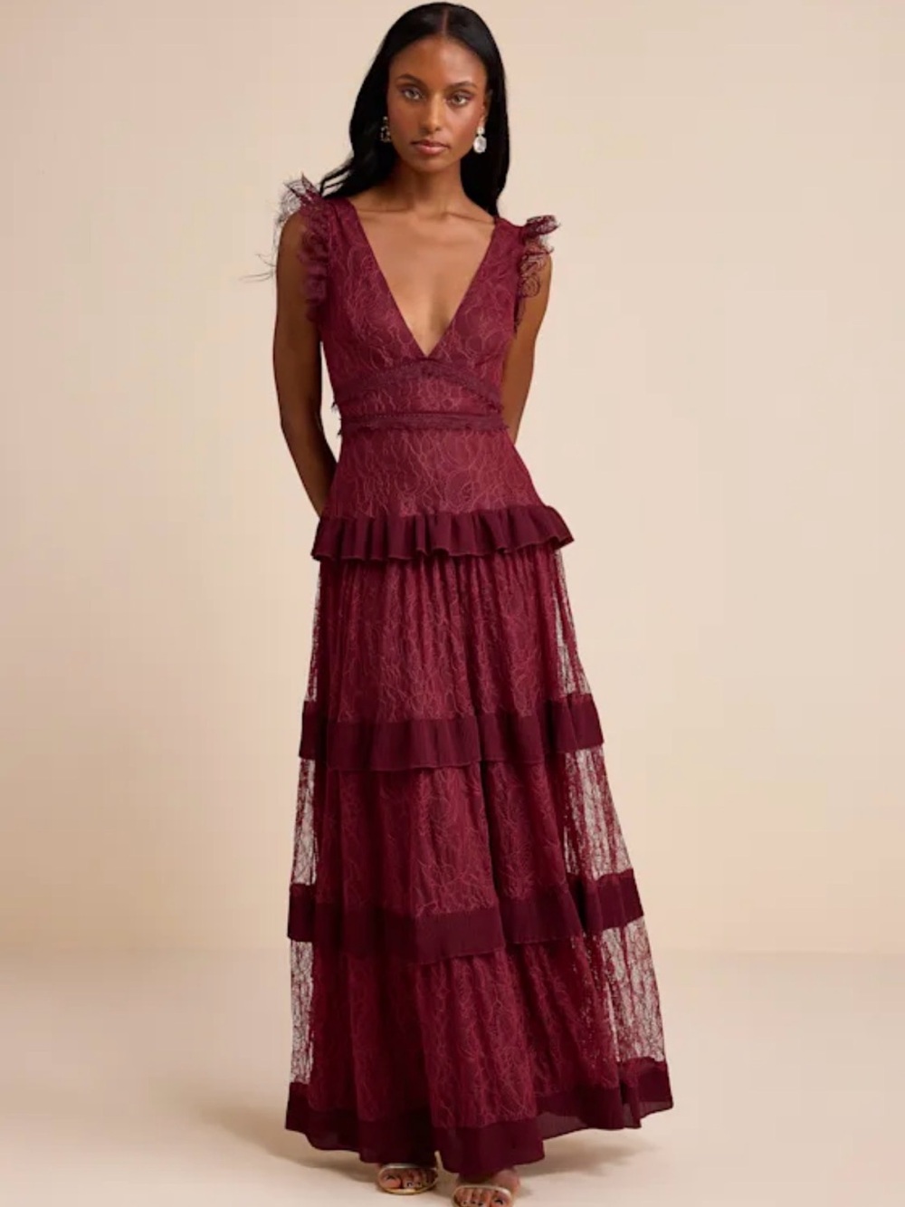 NWT Lulus MARVELOUS DARLING Burgandy Lace Tiered Maxi Dress with V-Neck